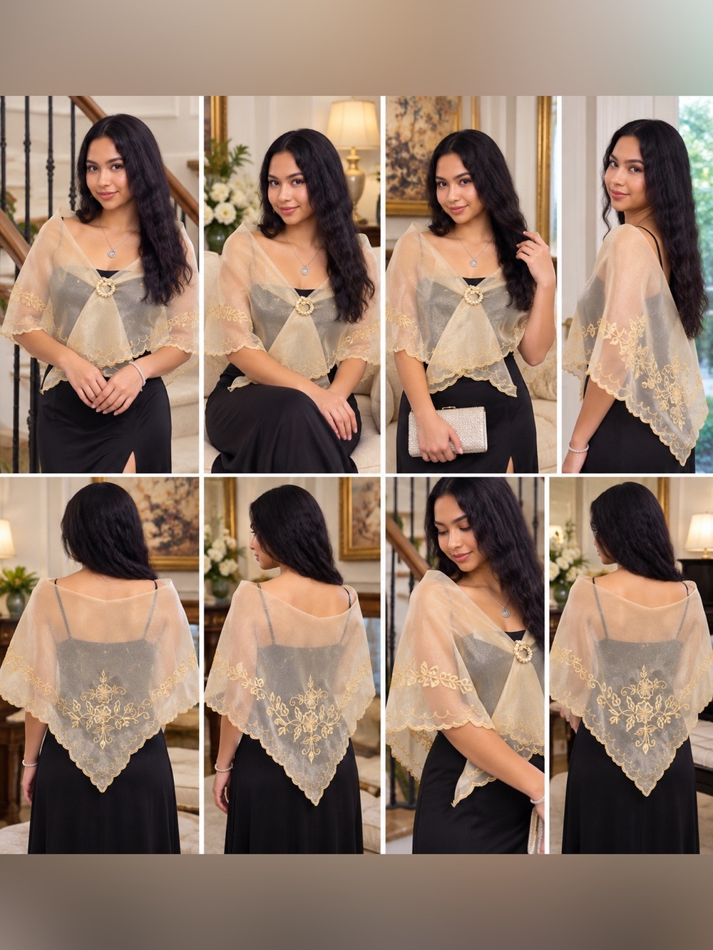 Elegant Gold Lace Filipiniana Alampay Shawl - Women Tops